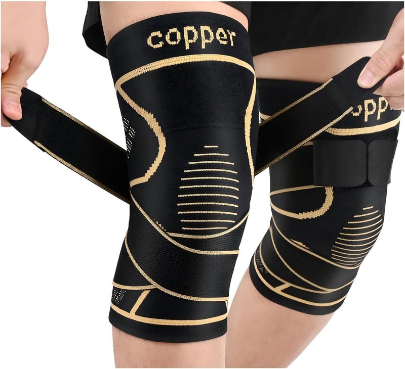 JHVW Copper Knee Brace for Women Men 2-Pack, Knee Compression Sleeve with Straps, Knee Braces for Knee Pain, Knee Support for Running Working - Image 1